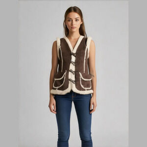Vero Moda Faux Suede Shearling Vest Brown Cream Small